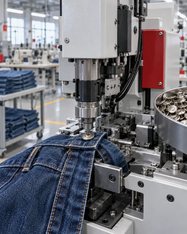 Otomatik düğme çakma makinesi ile denim üzerine metal düğme uygulaması