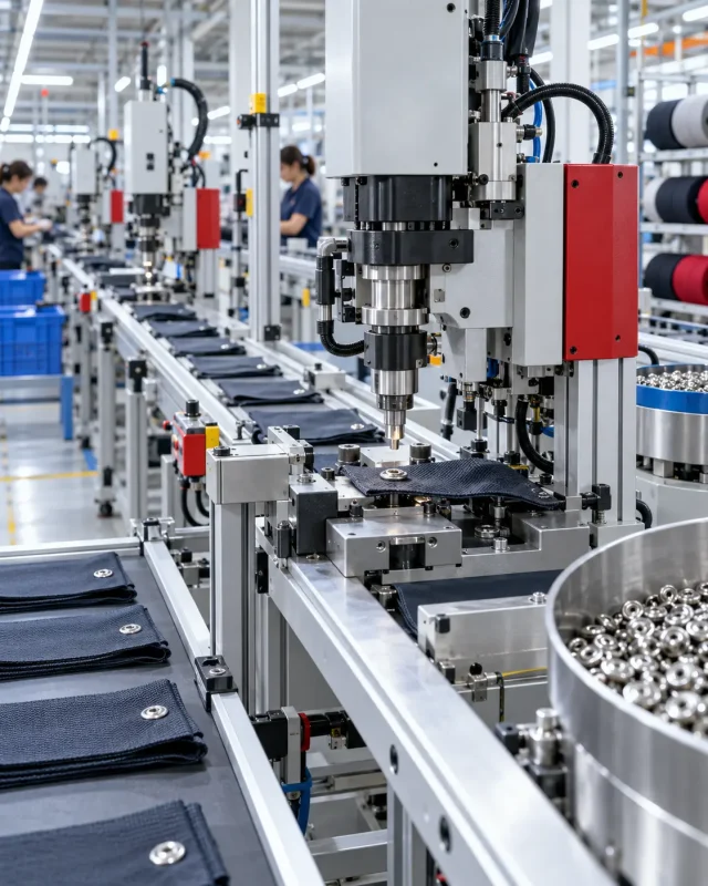 Tekstil aksesuar üretiminde otomatik çakma makineleriyle seri üretim hattı